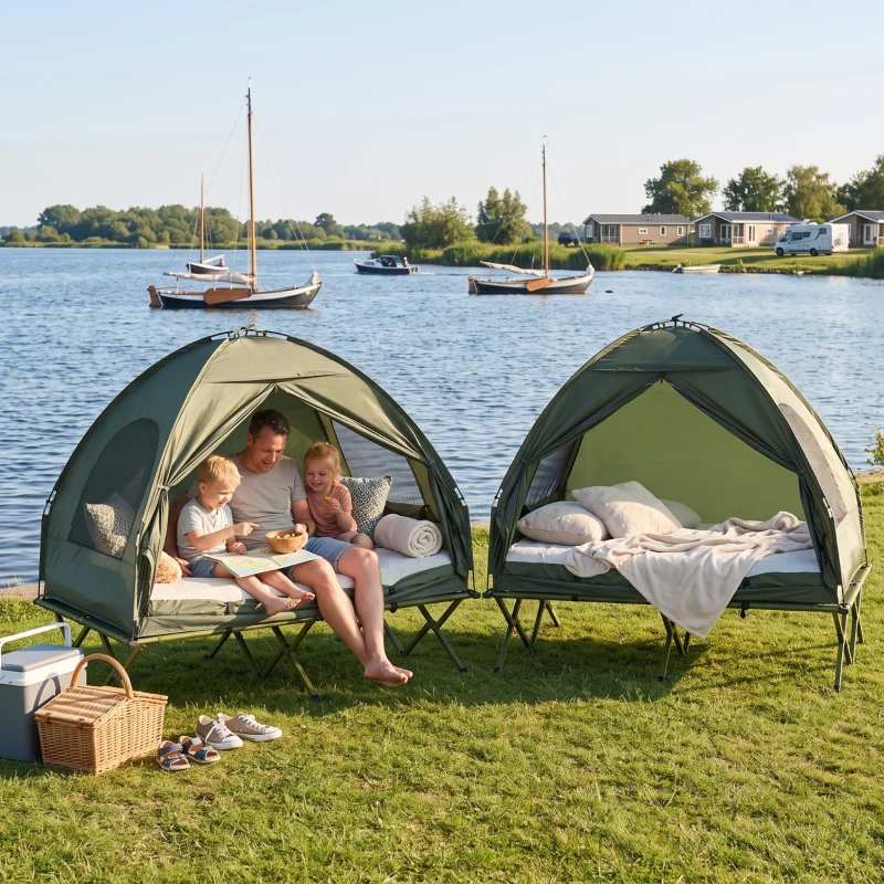 Outsunny Campingbed Hoog Met Matras Draagbaar Camping Groen
