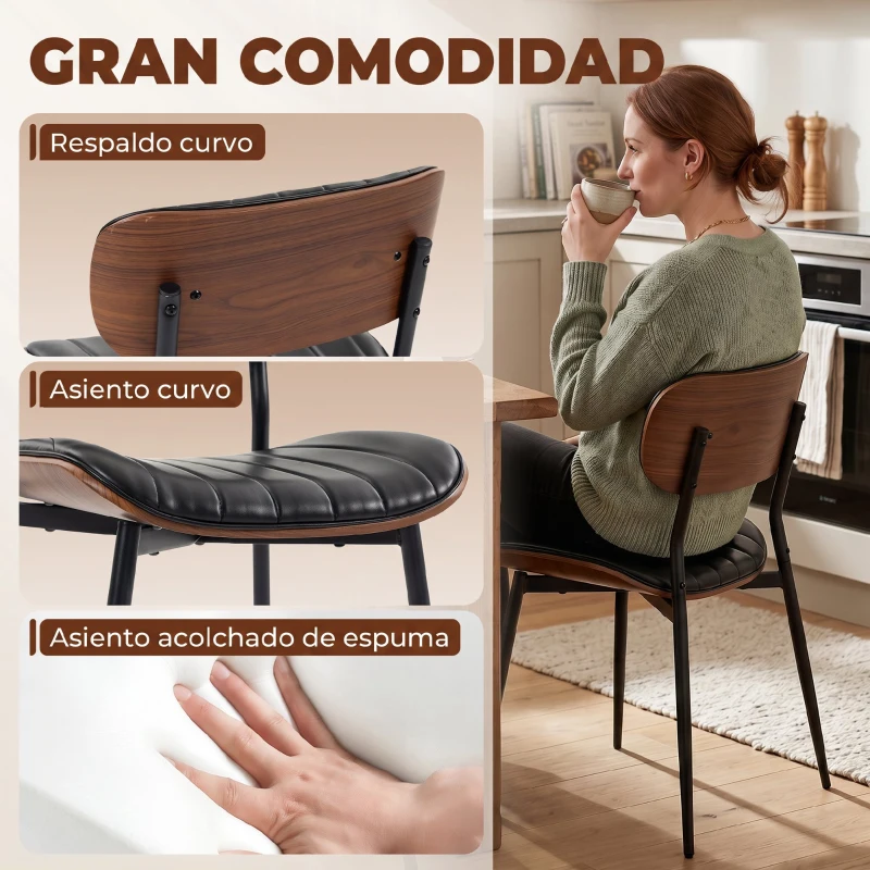 HOMCOM Set de 2 Sillas de Comedor Tapizadas de Piel Sintética con Respaldo Curvo Patas de Metal 49,5x49,5x80 cm Negro y Marrón