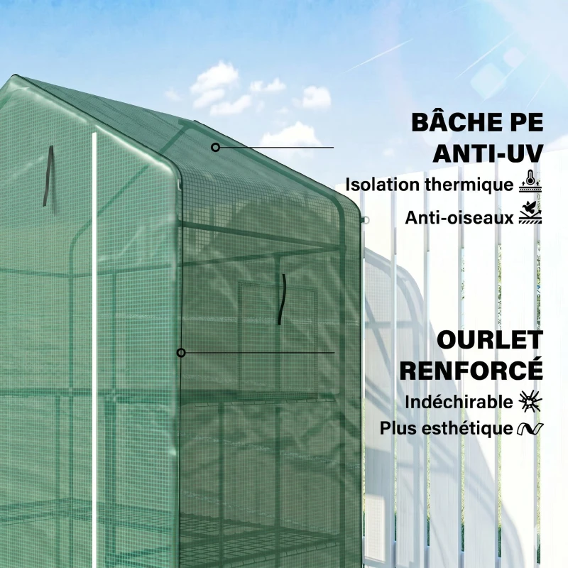 Outsunny Serre de jardin avec 1 porte, 2 fenetres et 2 étagères en forme de U pour Légumes Plantes Fleurs Bâche PE 140x73x190 cm