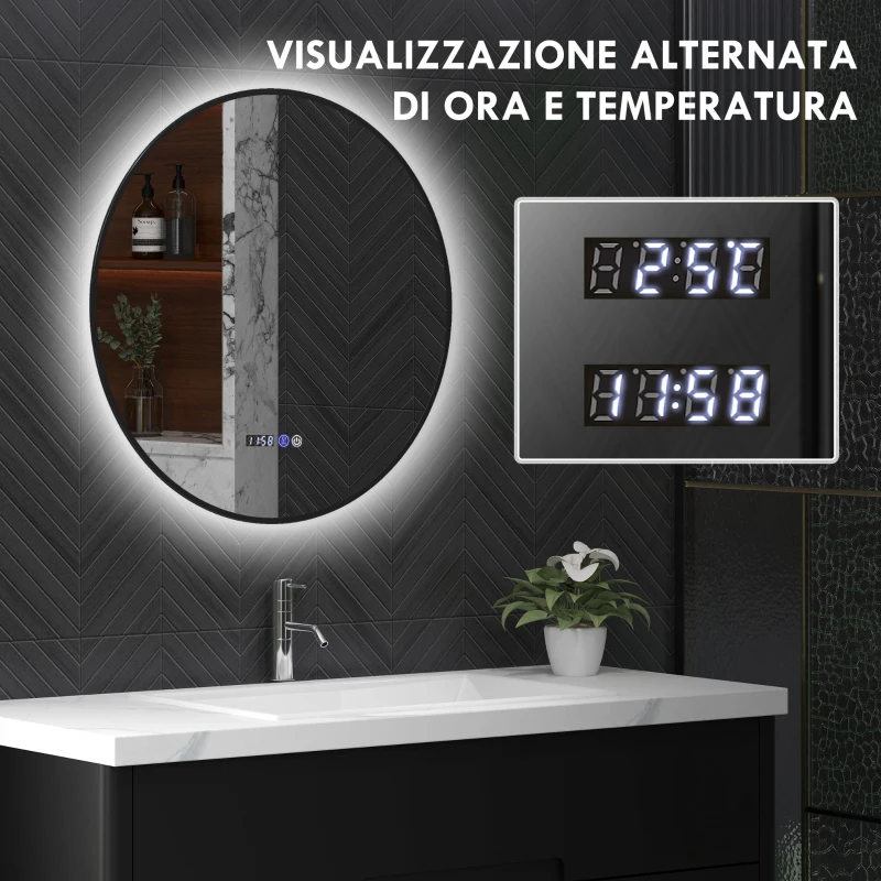 HOMCOM Specchio Bagno con Luce LED Regolabile, Antiappannamento e Display Tempo e Temperatura, Ø70 cm, Nero