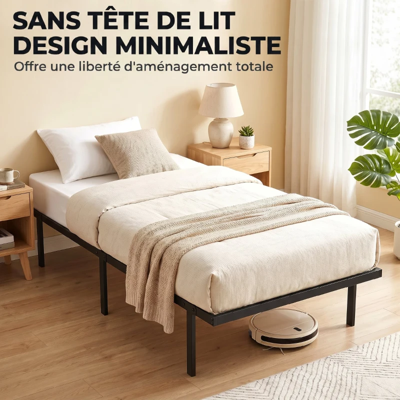 HOMCOM Cadre de lit 90 x 200 cm avec sommier en métal, lit simple avec rangement au-dessous, sans bruit, montage facile, noir
