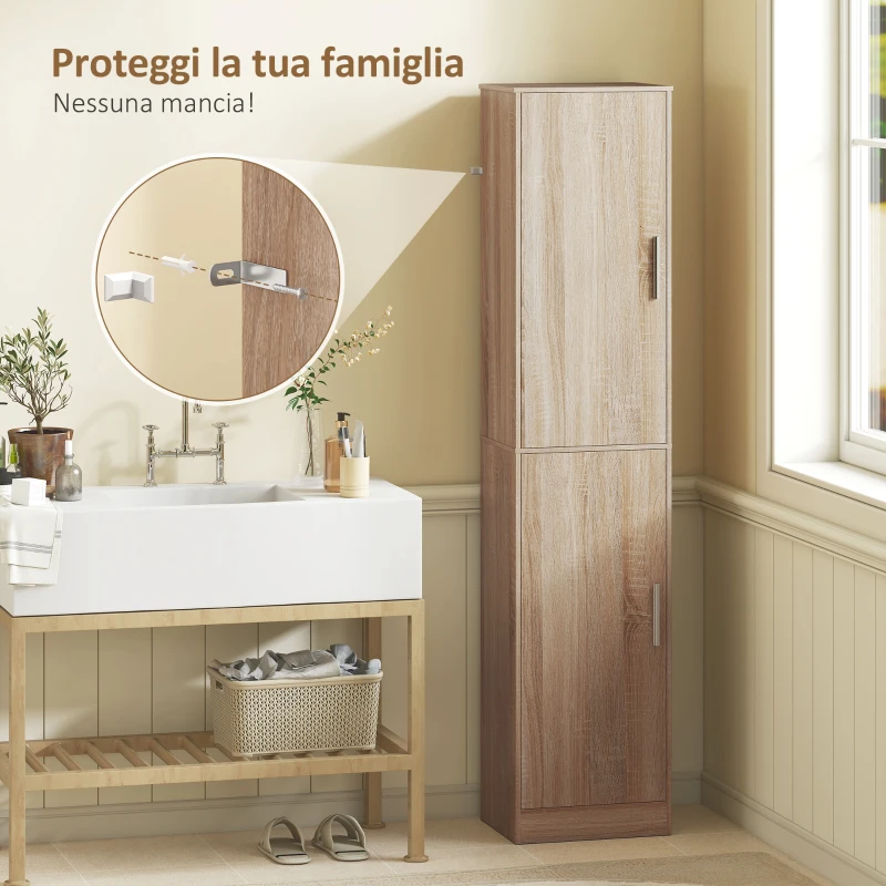 HOMCOM Mobile Colonna Bagno a 2 Armadietti con 6 Ripiani Regolabili, in Legno, 40x35x180 cm, Color Legno