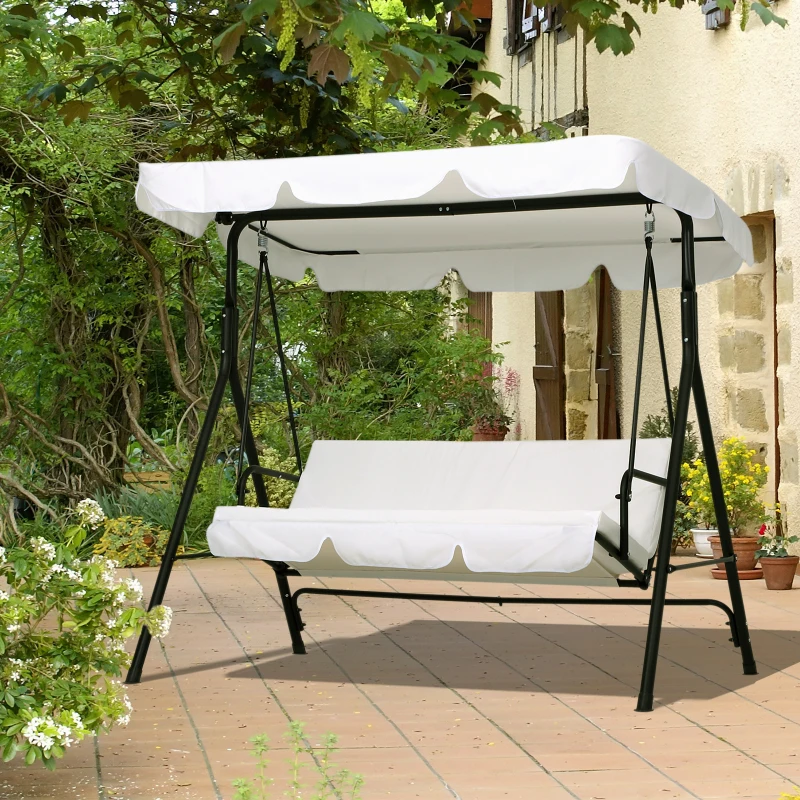 Outsunny Balancelle de Jardin 3 Places Toit Inclinaison réglable Coussins Assise et Dossier 1,72L x 1,1l x 1,52H m Acier Noir Polyester Blanc