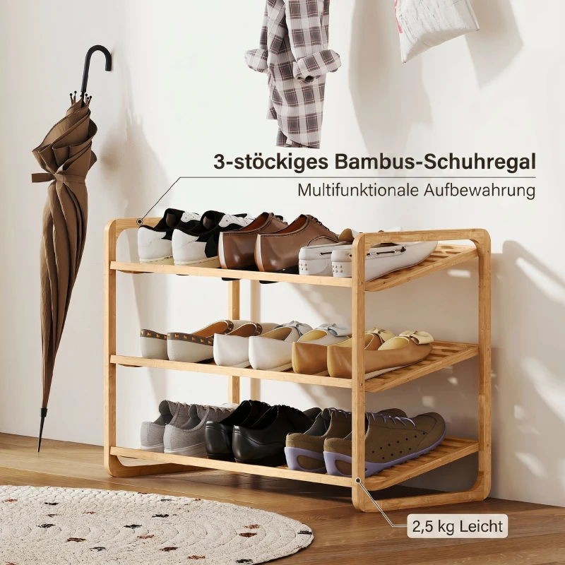 HOMCOM Etajeră pentru pantofi din bambus, cu 3 niveluri, pentru 12 perechi de pantofi, rafturi din bambus cu lamele, 76x33x50,8 cm, culoare lemn natural