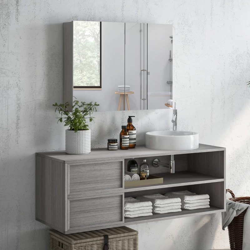 HOMCOM Armoire murale salle de bain avec miroir, meuble salle de bain, double portes et étagères réglables, 80x15x60cm, gris