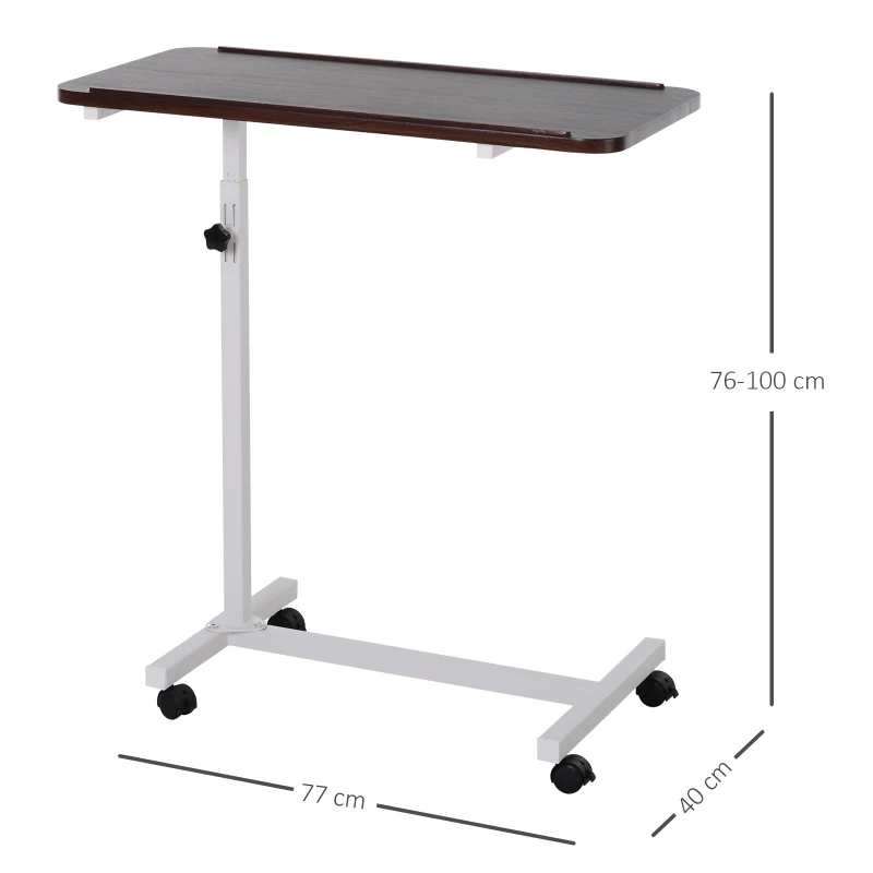 HOMCOM Mesa Auxiliar com Rodas para Sofá e Cama Altura Ajustável e Estrutura de Aço 77x40x76-100 cm Nogueira Escura