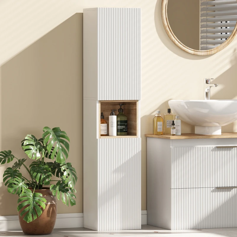 HOMCOM Mobile da Bagno a 2 Ante con Spazio Aperto e Ripiani Regolabili, in Legno, 30x24x140 cm, Bianco