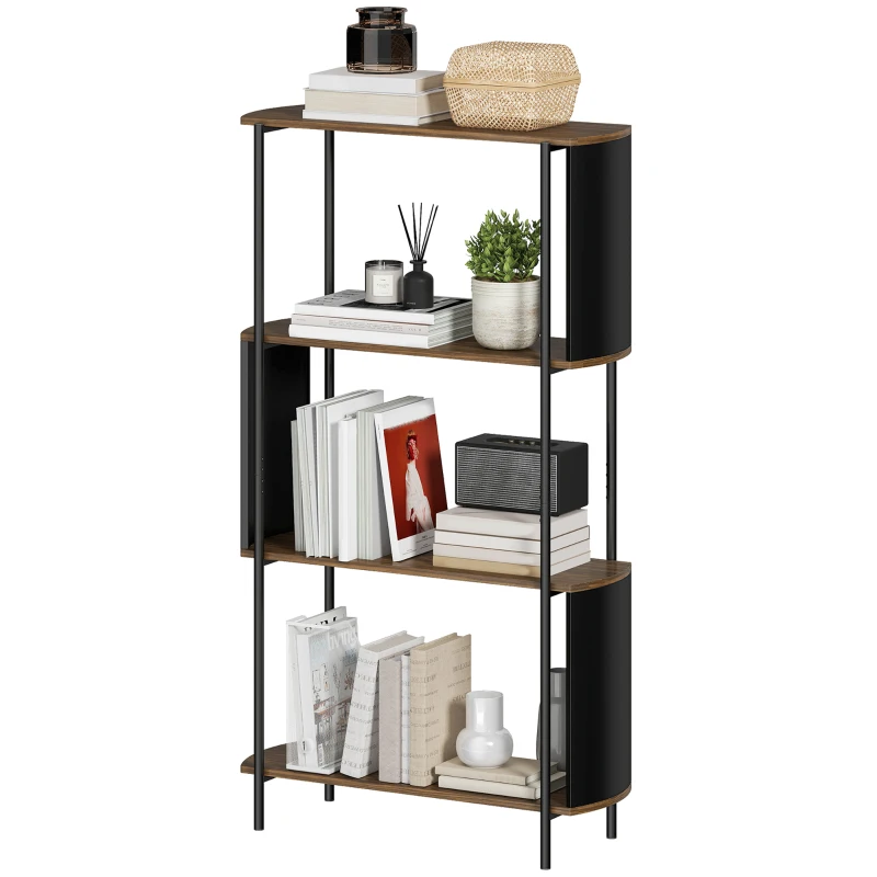 HOMCOM Étagère de rangement, bibliothèque à 4 niveaux avec panneaux latéraux incurvés, cadre en acier, 80x30x141cm, marron