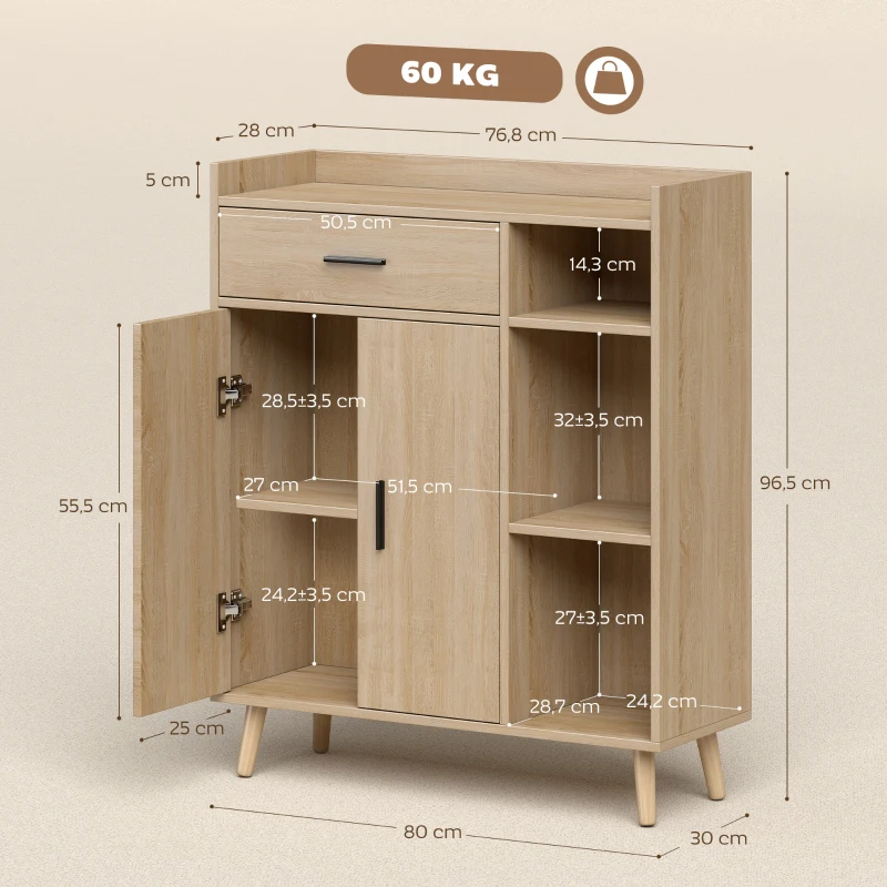 HOMCOM Aparador Moderno com 2 Portas 1 Gaveta e 3 Prateleiras Abertas Aparador Auxiliar de Armazenamento 80x30x96,5cm Madeira