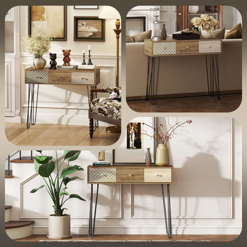HOMCOM Mesa Consola com 3 Gavetas Consola Estreita para Entrada com Pés de Aço 90x30x75 cm Madeira