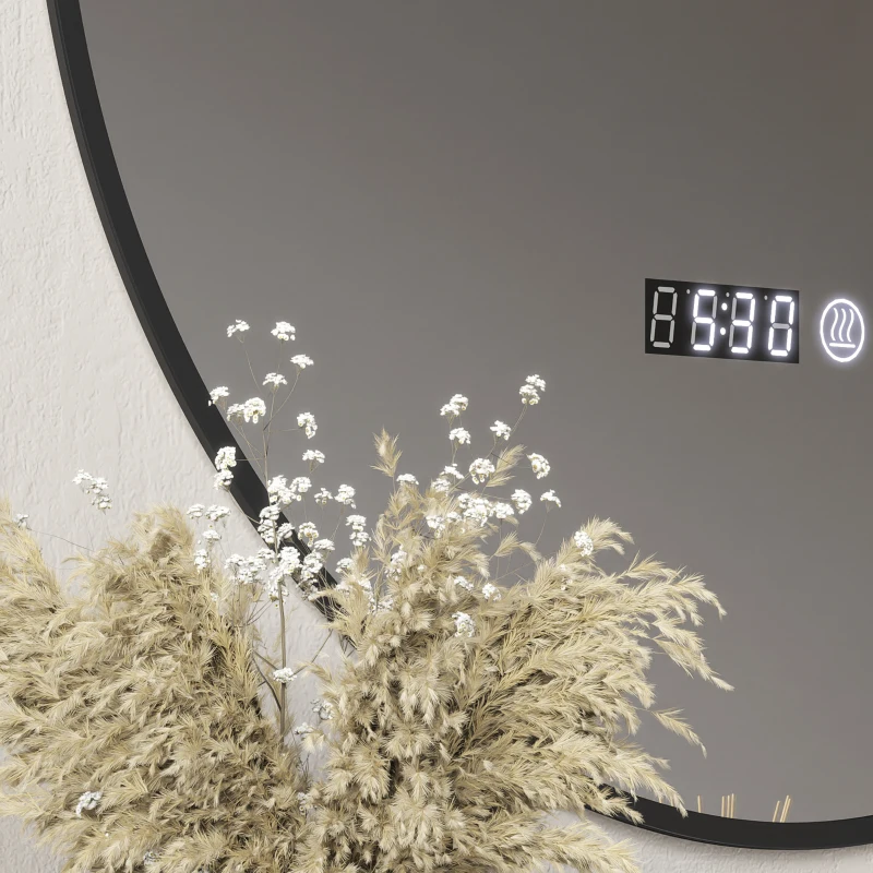 HOMCOM Specchio Bagno con Luce LED Regolabile, Antiappannamento e Display Tempo e Temperatura, Ø70 cm, Nero