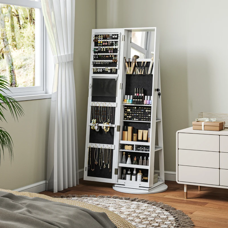 HOMCOM Specchio Portagioie 3 in 1 Girevole a 360°, Ripiani Posteriori e Anta con Chiave, 55x55x161 cm, Bianco