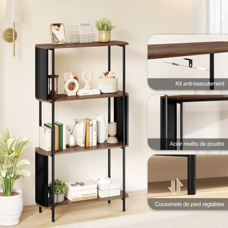 HOMCOM Étagère de rangement, bibliothèque à 4 niveaux avec panneaux latéraux incurvés, cadre en acier, 80x30x141cm, marron