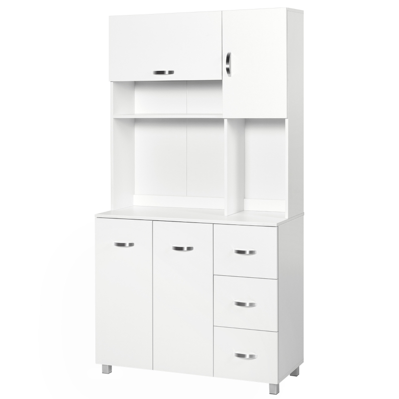 HOMCOM Armoire de cuisine multi-rangements 4 portes 3 tiroirs étagère + grand plateau 100L x 39,5l x 183,5H cm blanc