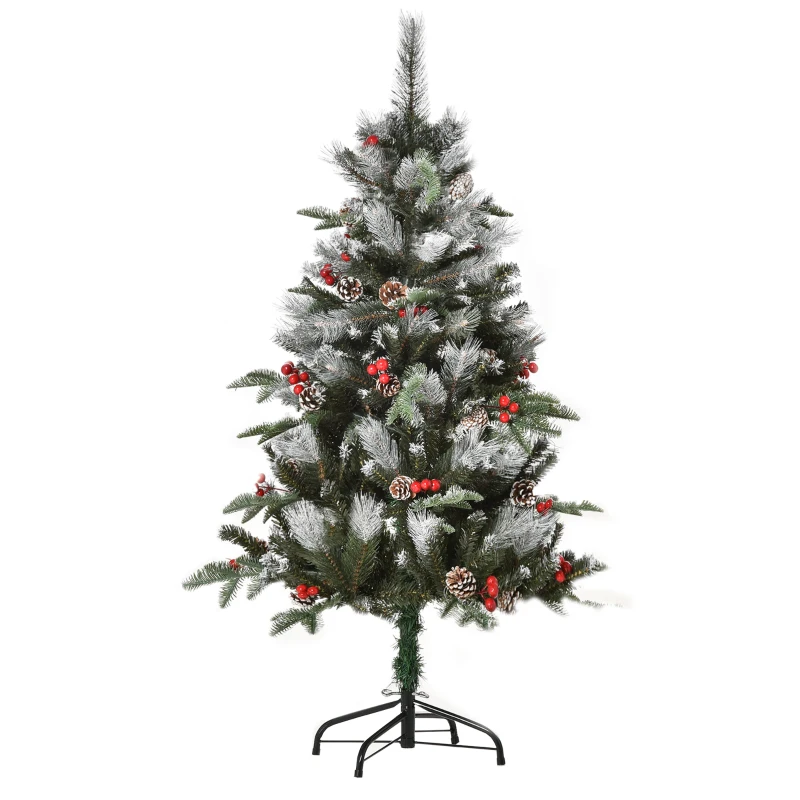 HOMCOM Árvore de Natal Artificial 120cm com 239 Ramas 27 Pinhas e 27 Frutinhas Folhas de PVC PE Base Dobrável e Suporte Metálico Decoração de Natal para Interiores Verde