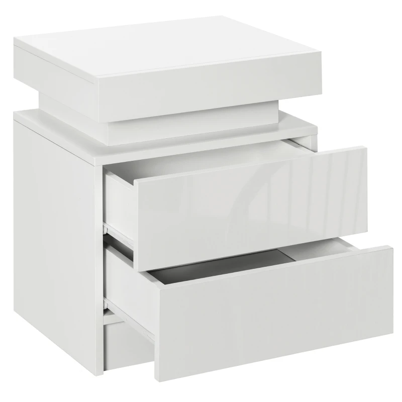 HOMCOM Mesa de Cabeceira com Luz LED Mesa de Cabeceira  Painel de Alto Brilho 2 Gavetas e Controlo 45x35x52 cm Branco