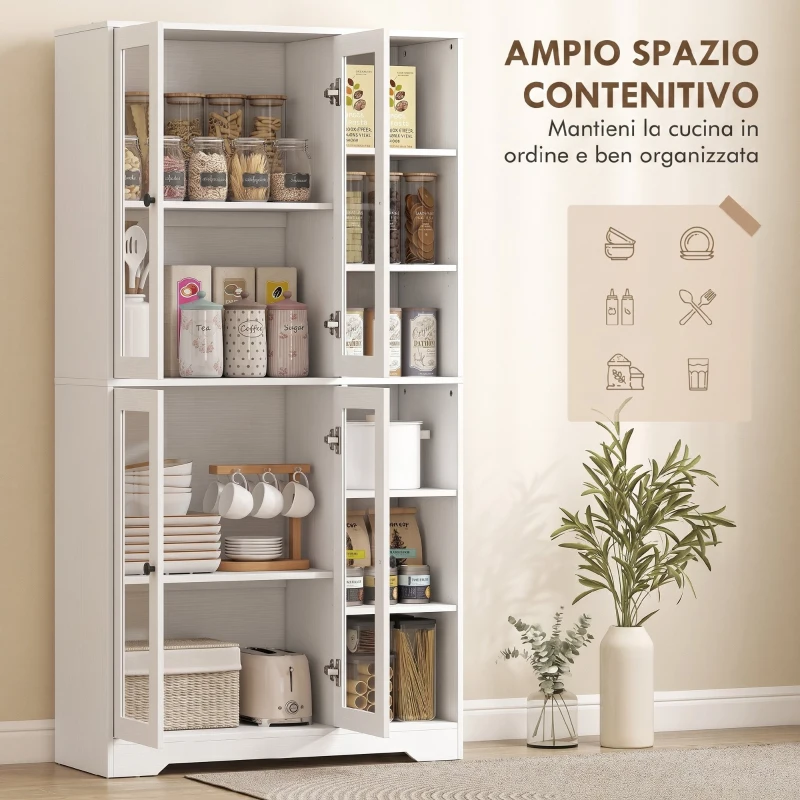 HOMCOM Credenza Cucina Alta, Mobile Dispensa con 4 Ante in Vetro Soft-Close, 6 Ripiani Aperti, Ripiani Regolabili Bianco