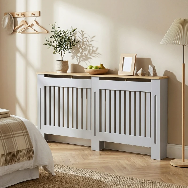 HOMCOM Slatted Radiator Cover, Painted Cabinet with Line Grill Design, 172L × 19W × 81H cm, Grey