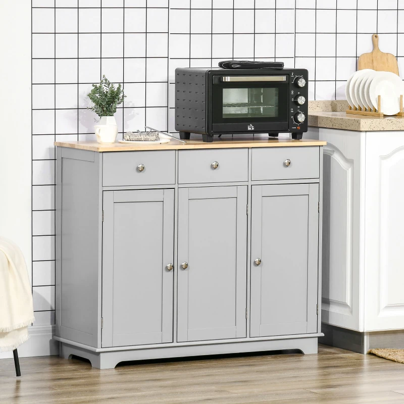 HOMCOM Aparador de Cozinha com 3 Gavetas 3 Portas e Prateleiras Ajustáveis Móvel Auxiliar de Armazenamento 101x40x85 cm Cinzento