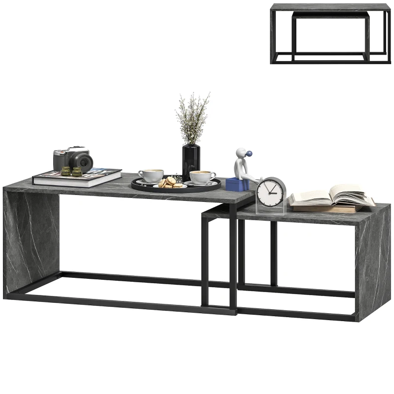 HOMCOM Lot de 2 tables basses gigognes design industriel encastrable en métal noir et effet marbre gris foncé