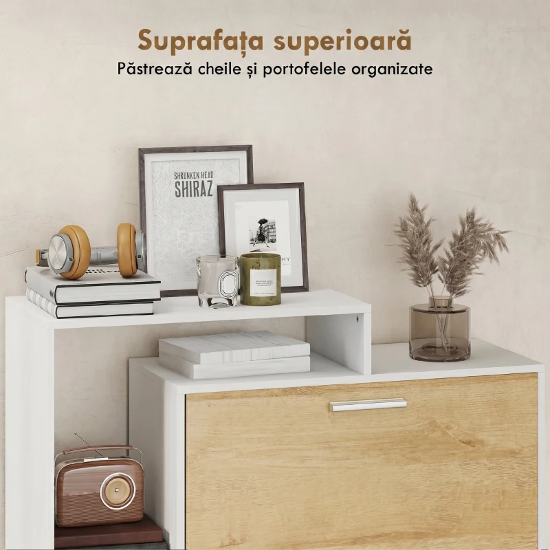 HOMCOM Dulap Pantofi cu 2 Sertare Rabatabile, Slim, Alb și Lemn