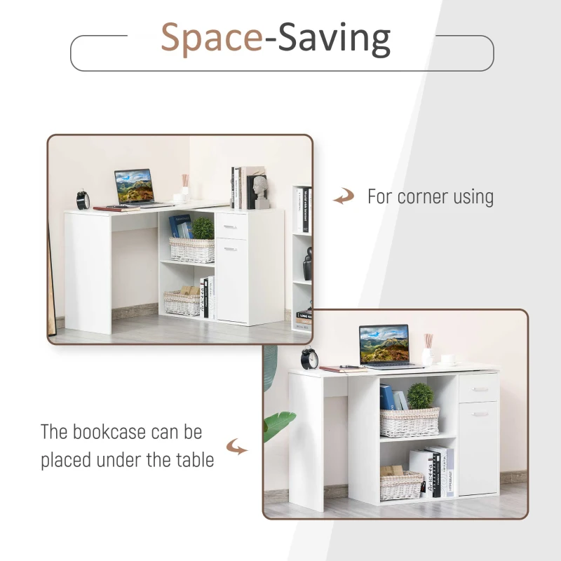 HOMCOM L-Shaped Desk, Corner Computer Desk, Adjustable Study Table with Storage Shelf, Drawer and Cabinet, Workstation for Home Office, White Wood Grain