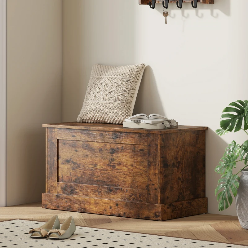 HOMCOM Coffre de rangement, coffre à jouets, avec charnière de sécurité, pour salon, en bois, 80 x 40 x 45 cm, brun rustique