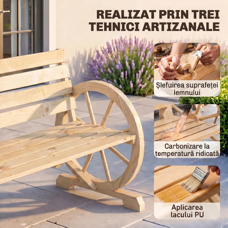 Outsunny Bancă de Grădină cu 2 Locuri, din Lamele cu Mânere în Formă de Roată de Căruță, din Lemn, 105,5x56x79 cm, Culoare Lemn
