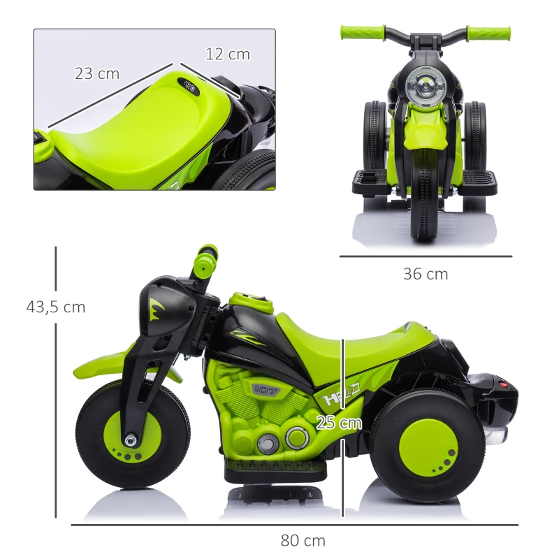 AIYAPLAY Moto électrique enfants 2-5 ans, 3 roues, 6 V, 3 km/h, avec fonction de bulles, effets lumineux et sonores, vert