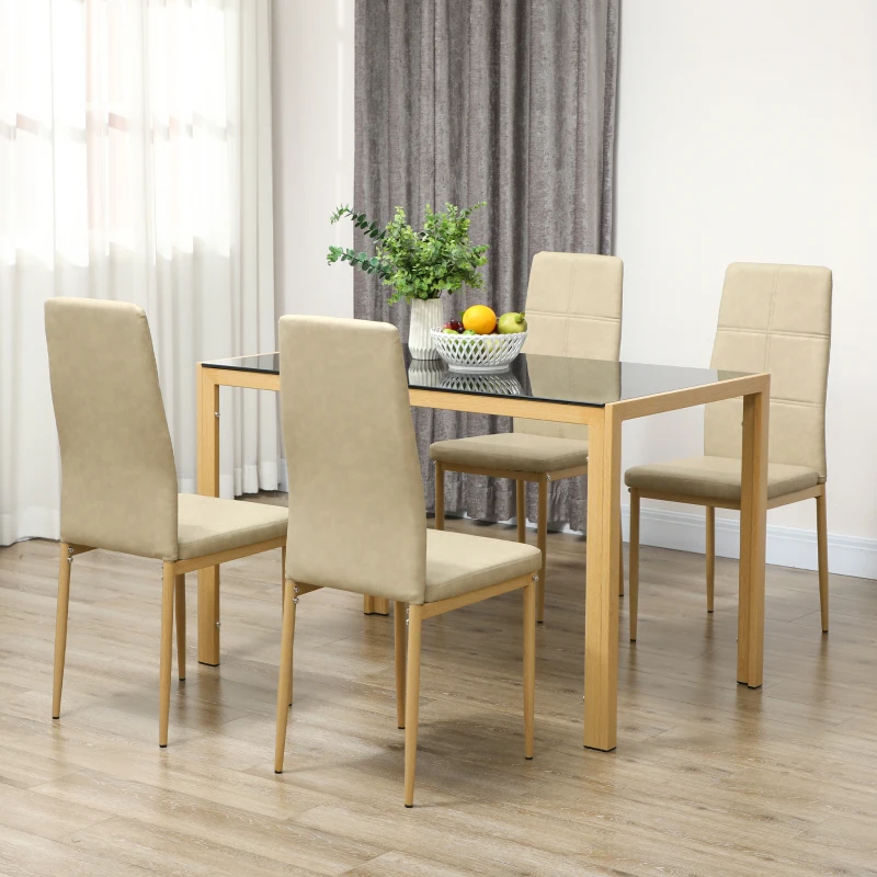 HOMCOM Ensemble Table à Manger avec 4 Chaises en Cuir Synthétique, Plateau Rectangulaire en Verre Trempé, 120x70x75cm, Naturel
