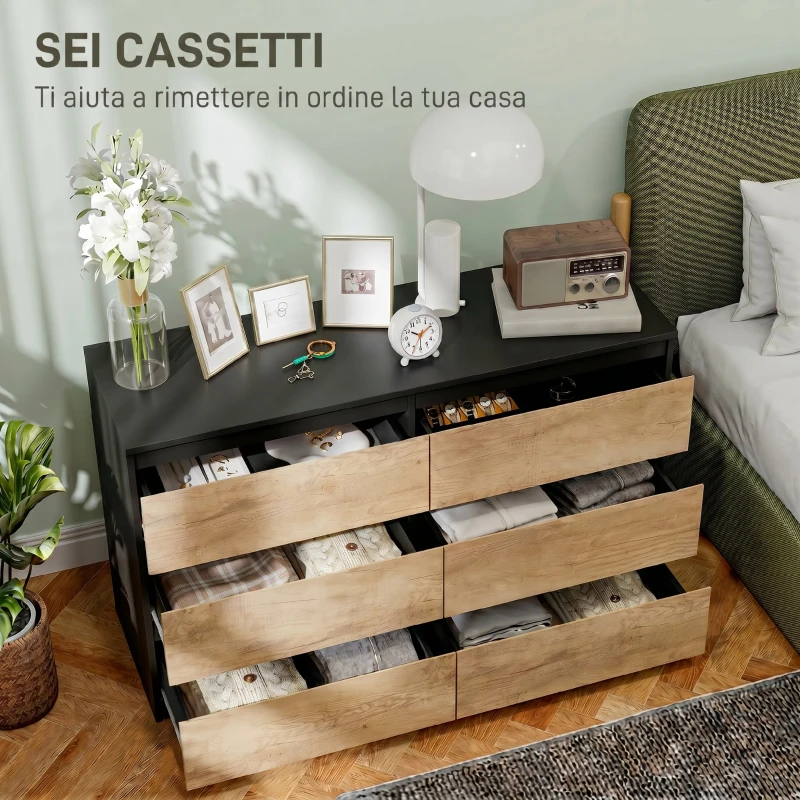 HOMCOM Cassettiera 6 Cassetti per Camera da Letto in Legno, 120x39x75 cm, Nero e Rovere