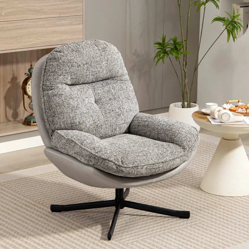 HOMCOM Poltrona Giratória Moderna com Base Cruzada Estofada em Chenille e Couro PU Assento Largo Duplo Pernas de Aço 78x95x99 cm Cinza