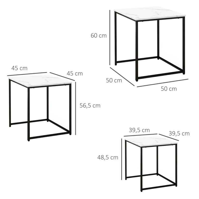 HOMCOM Conjunto de 3 Mesas Auxiliares para Sala de Estar com Efeito Mármore e Estrutura de Aço Estilo Moderno Branco e Preto