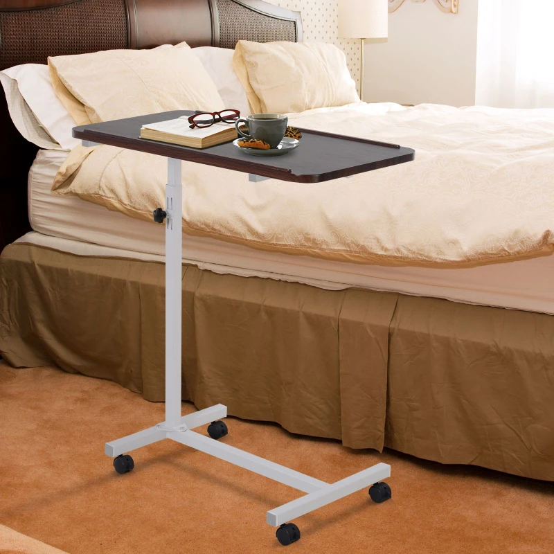 HOMCOM Mesa Auxiliar com Rodas para Sofá e Cama Altura Ajustável e Estrutura de Aço 77x40x76-100 cm Nogueira Escura