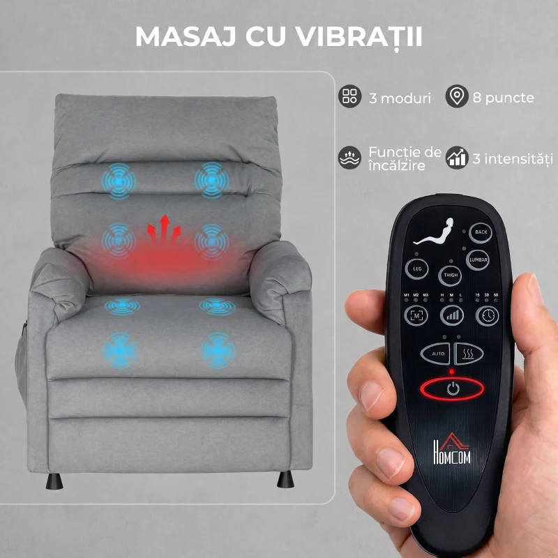 HOMCOM Fotoliu Reclinabil cu 8 Puncte de Masaj și 5 Moduri, Poggiapiedi, Încălzire, Material Catifelat, Gri