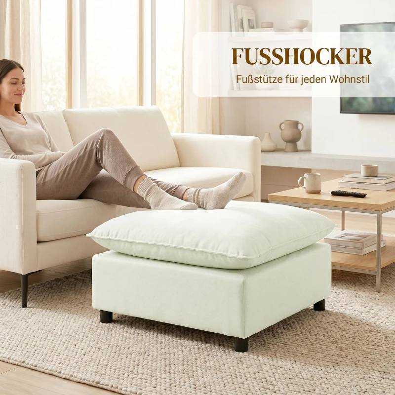 HOMCOM Fußhocker moderner Stoff-Ottomane mit Kunststoffbeinen für Wohnzimmer und Schlafzimmer, 75 cm, Cremeweiß