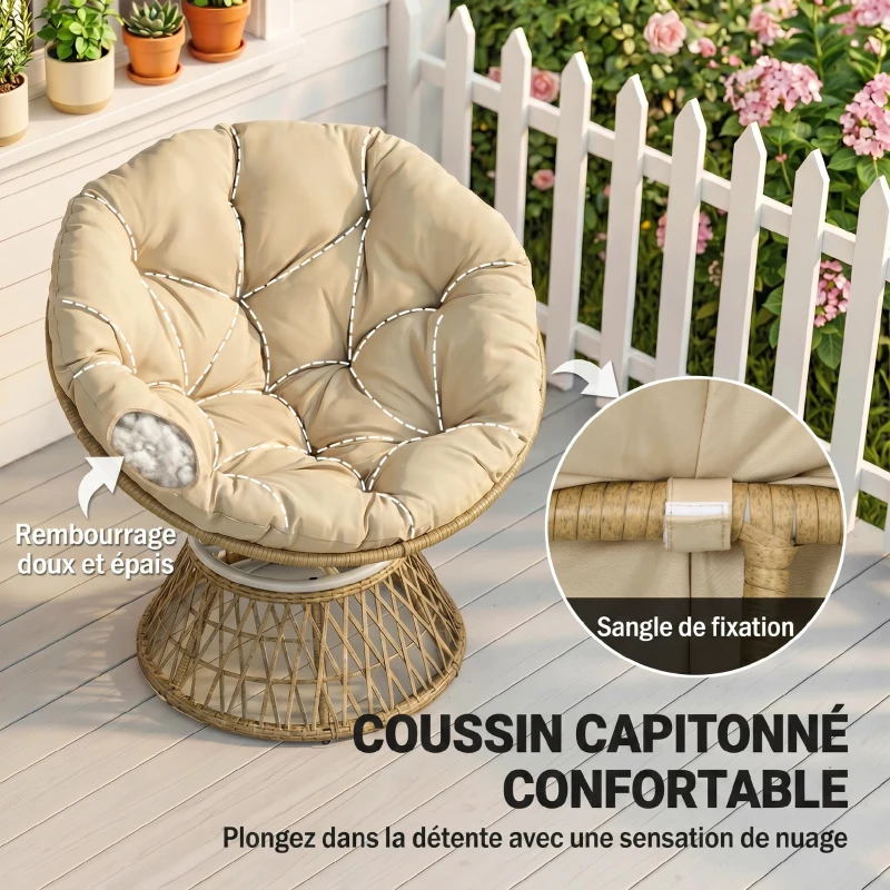 Outsunny Fauteuil papasan en rotin, fauteuil pivotant à 360° avec coussin rembourré, 85 x 70 x 82 cm, kaki