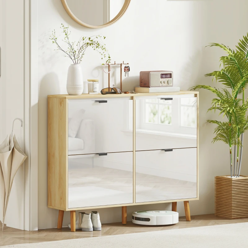 HOMCOM Sapateira Estreita com 4 Portas em Branco Brilho Prateleiras Ajustáveis Pernas de Madeira para 20 Pares de Sapatos 105x24x92,5 cm