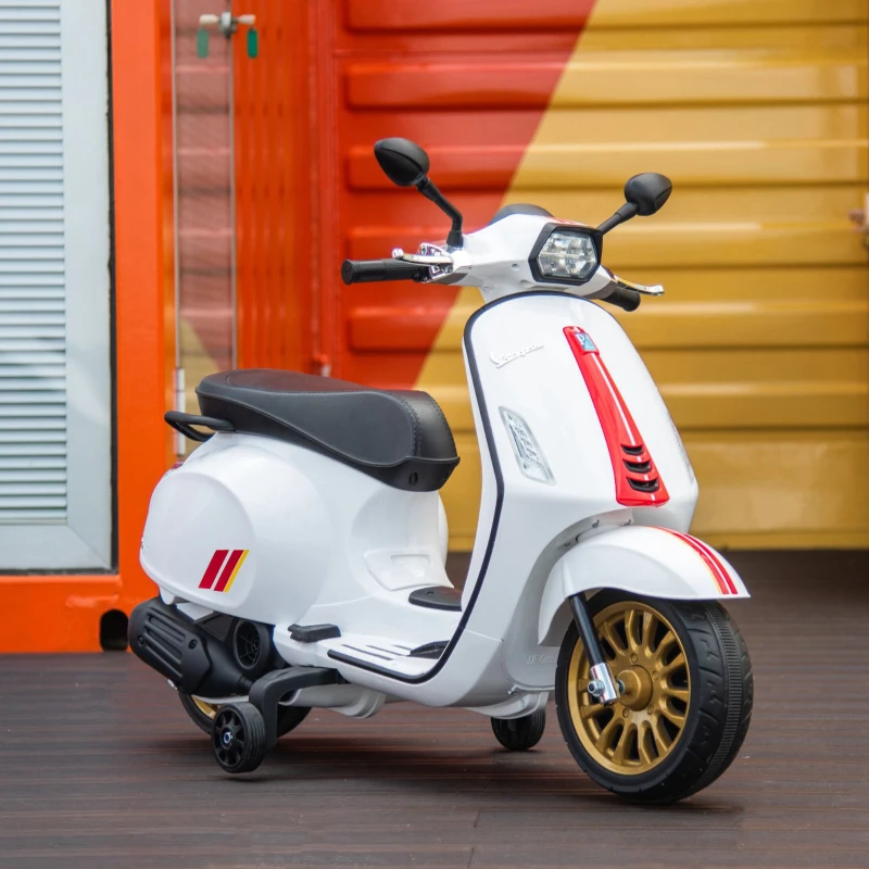 AIYAPLAY Scooter électrique enfant Vespa 6 V dim. 107L x 47l x 73H cm Musique MP3 Port USB Phare 2 roues d'entraînement - Blanc