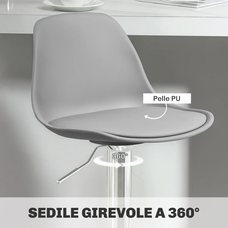 HOMCOM Set 2 Sgabelli da Bar con Schienale e Poggiapiedi, in PP, Pelle PU e Acciaio, 38x42x82-104 cm, Grigio