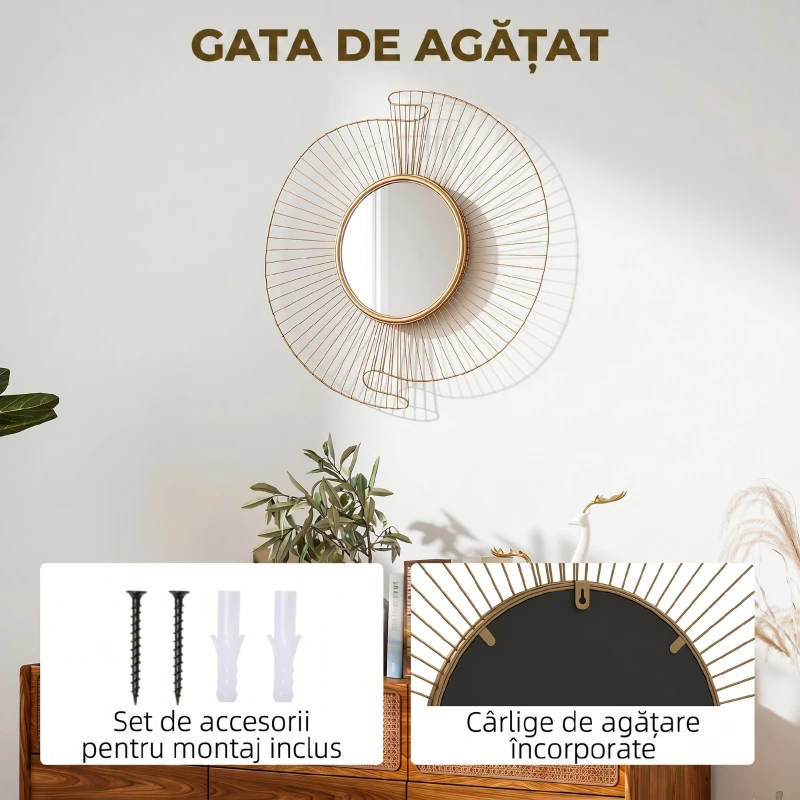 HOMCOM Decorațiune de Perete Oglindă Rotundă, Oglindă Modernă cu Benzi din Metal și Design Plisat, Artă Decorativă pentru Living, Dormitor și Intrare, 60x60 cm, Auriu