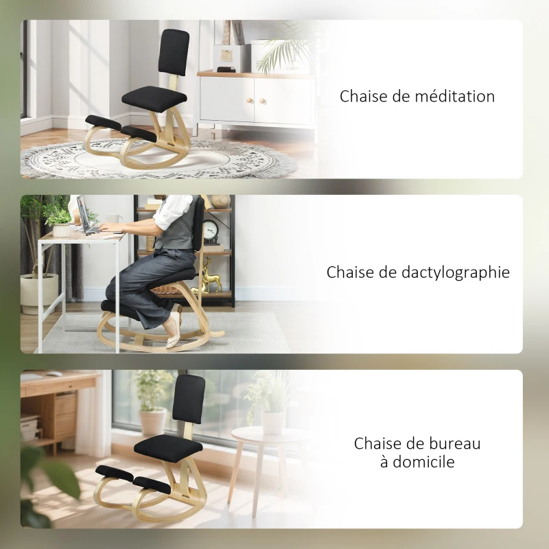 HOMCOM Siège assis genoux, tabouret ergonomique en bois à bascule avec dossier, chaise à genoux pour bureau à domicile, noir