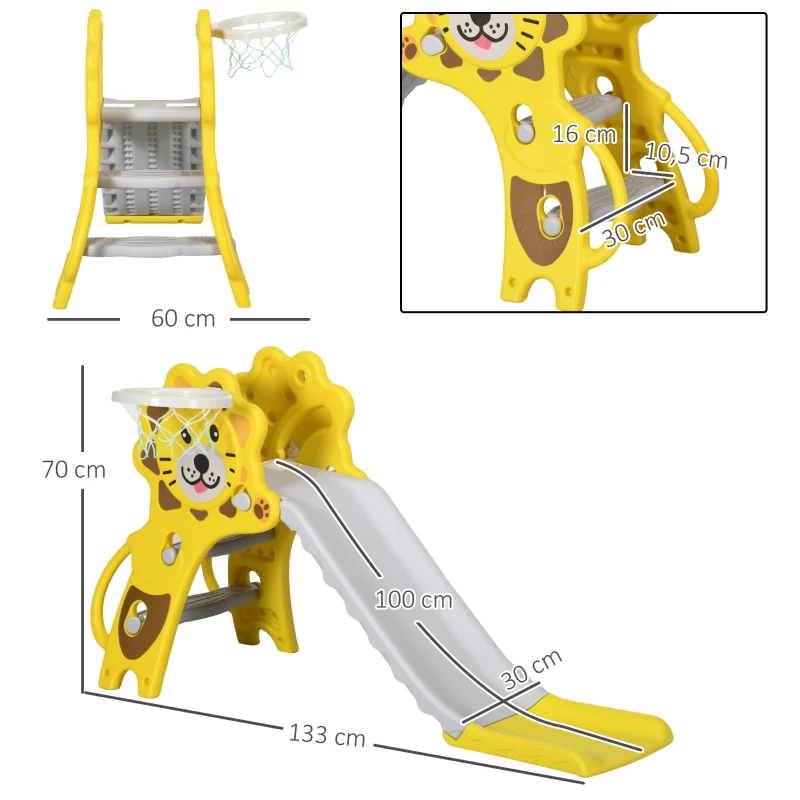 AIYAPLAY Escorrega para Crianças 2 em 1 com 2 Degraus Cesta de basquetebol e Desenho de Leão para Interior 131x50x74 cm Amarelo e Cinza