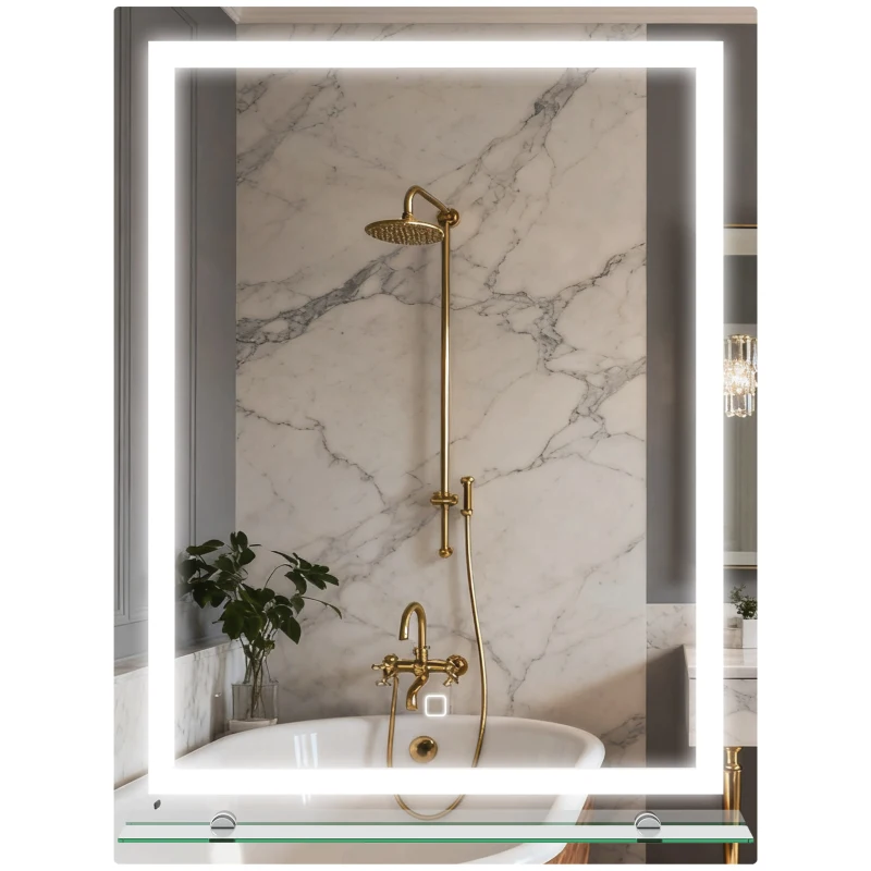 kleankin Espelho de Casa de Banho com Luzes LED 60x80 cm 3 Cores de Luz Brilho Ajustável Prateleira de Vidro Função de Memória Prata