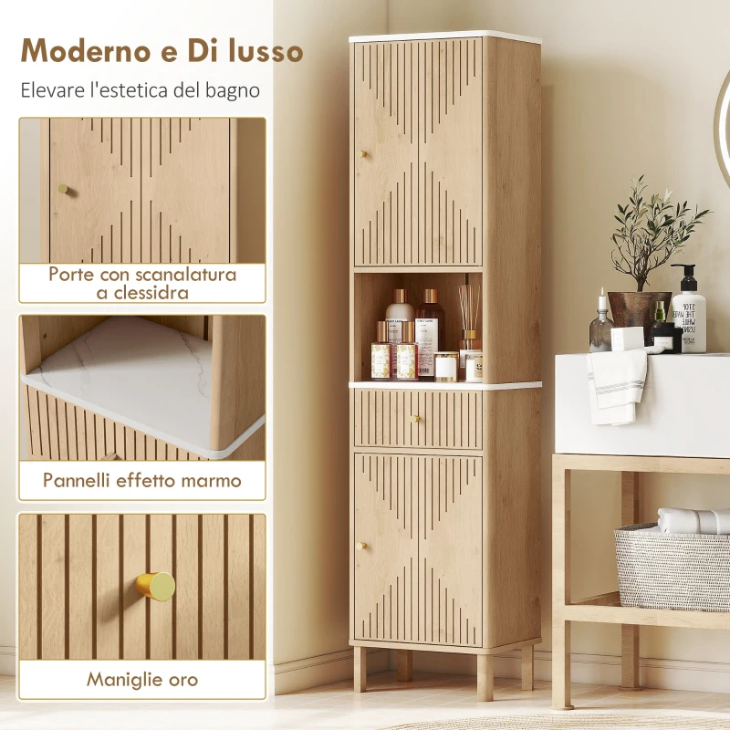 HOMCOM Colonna Bagno con Cassetto, 2 Armadietti e Ripiani Regolabili, Ripiano Effetto Marmo, 41.5x30x168 cm, Rovere
