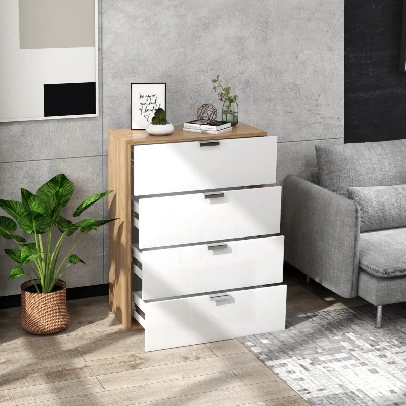 HOMCOM Cómoda com 4 Gavetas de Alto Brilho Cómoda de Madeira de Estilo Moderno 70x35x92 cm Branco e Madeira