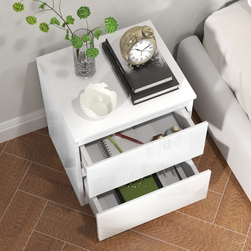 HOMCOM Conjunto de 2 Mesas de Cabeceira Moderna Mesas de Cabeceira com Gavetas para Dormitório 40x34x45 cm Branco Brilhante