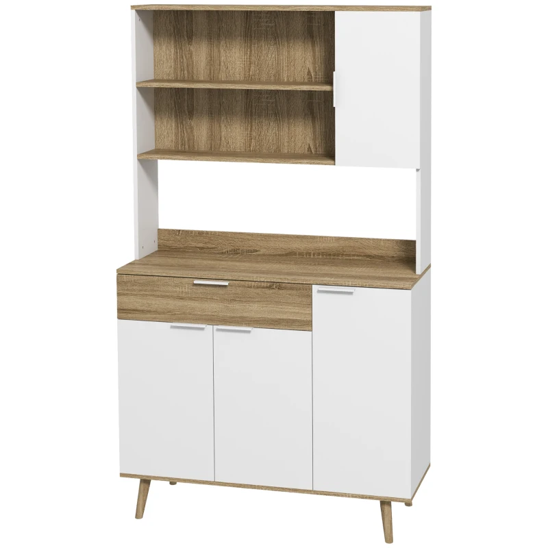 HOMCOM Armário de Cozinha Alto com 4 Portas, Prateleiras Ajustáveis, Gaveta e Compartimentos Abertos, 98x39x180 cm, Branco e Natural