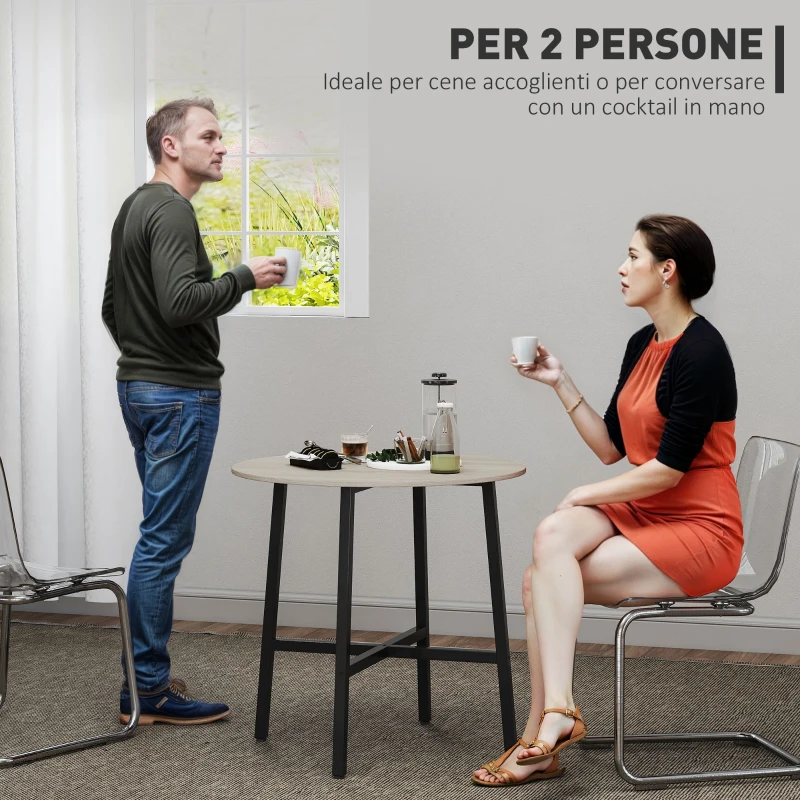 HOMCOM Tavolo da Pranzo Rotondo e Industriale per 2 Persone, in Legno e Acciaio, Ø80x75 cm, Nero e color Legno