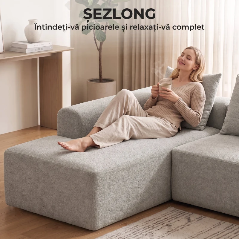 HOMCOM Canapea de Colț cu 3 Locuri, Fără Cadru, pentru Living, Gri Deschis